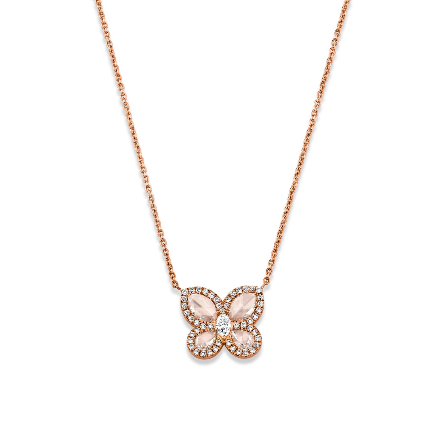 Eau de Rose Cut Diamond Butterfly Necklace w/ Pave Halo Rose Gold   by Logan Hollowell Jewelry
