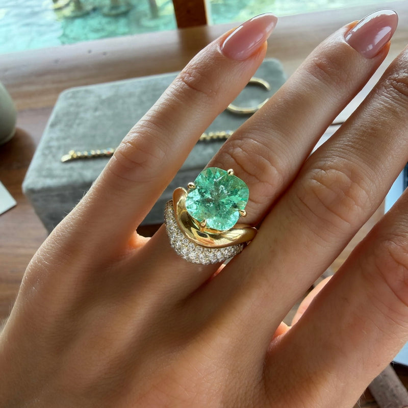 Floating Enigma Emerald Cushion Ring by Logan Hollowell Jewelry