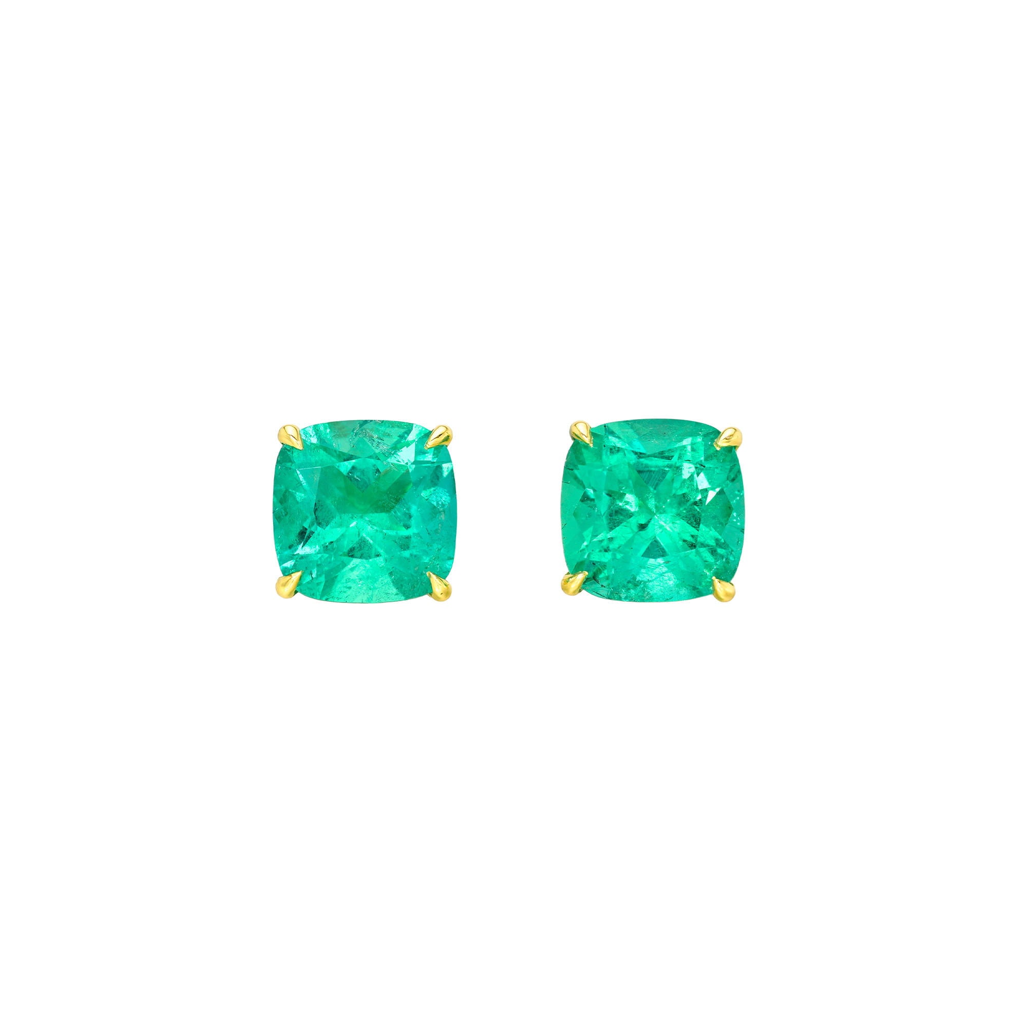 Colombian Emerald Cushion Martini Studs Yellow Gold by Logan Hollowell Jewelry