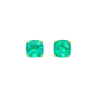 Colombian Emerald Cushion Martini Studs Yellow Gold by Logan Hollowell Jewelry