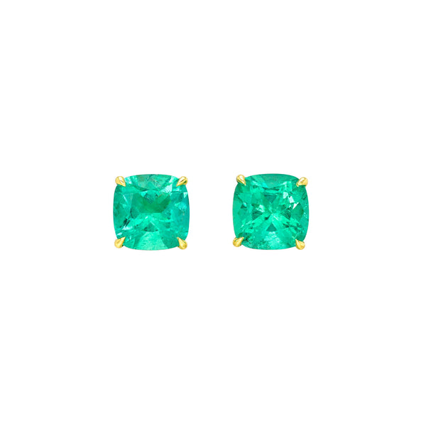 Colombian Emerald Cushion Martini Studs Yellow Gold by Logan Hollowell Jewelry