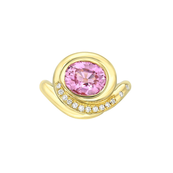 Enigma Pink Sapphire & Pavé Diamond Ring Yellow Gold 2.5 by Logan Hollowell Jewelry