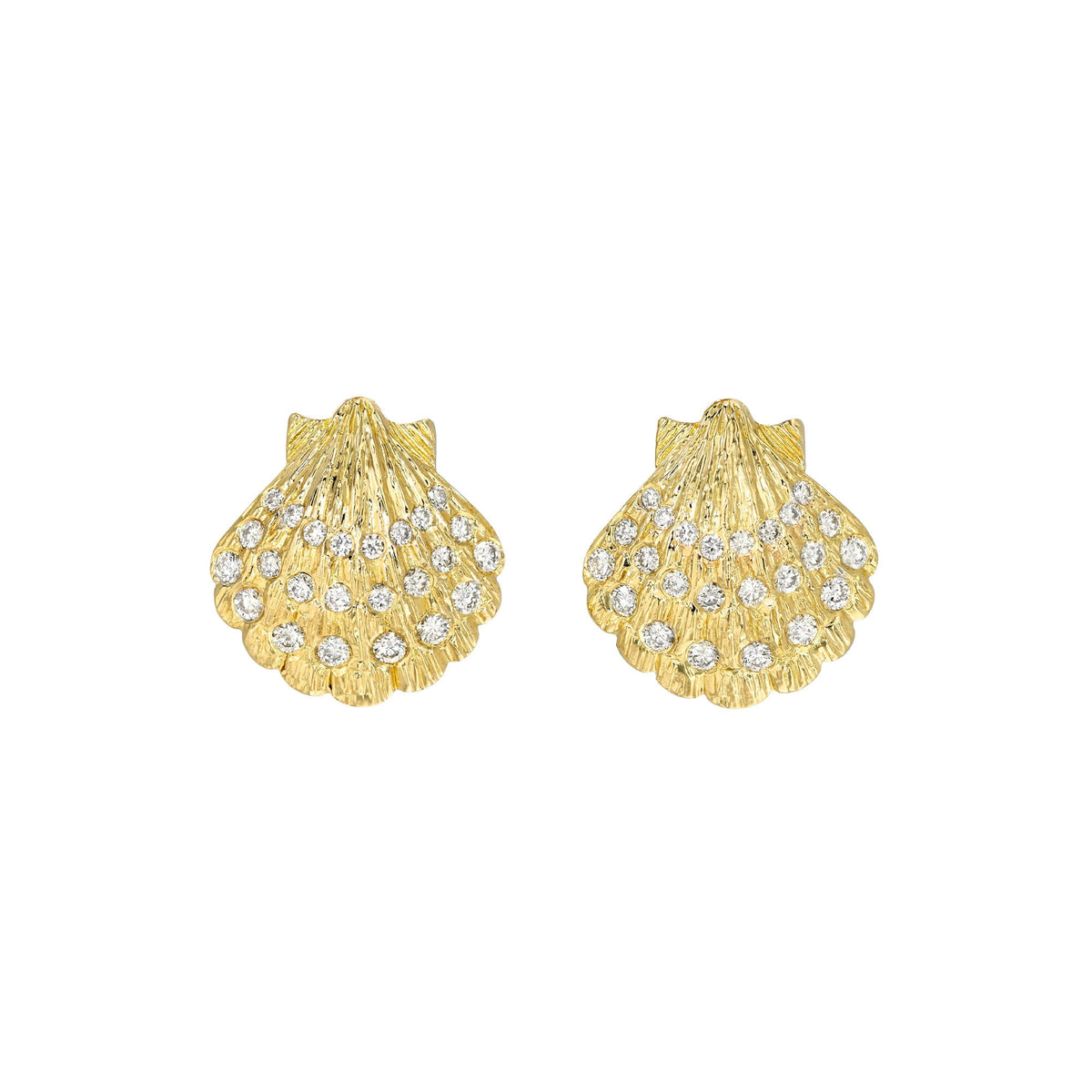 Diamond Shell Earrings Yellow Gold by Logan Hollowell Jewelry