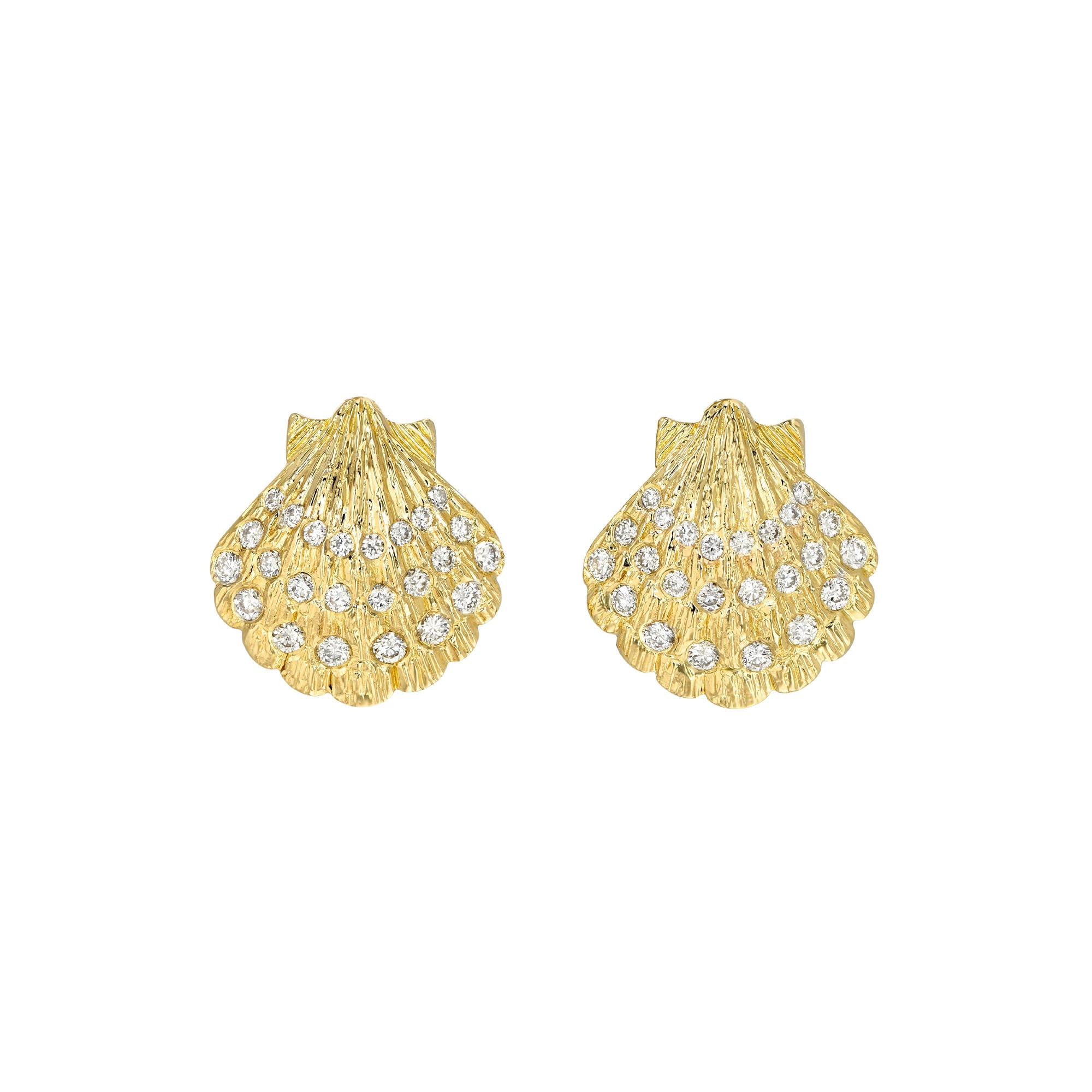 Diamond Shell Earrings Yellow Gold by Logan Hollowell Jewelry