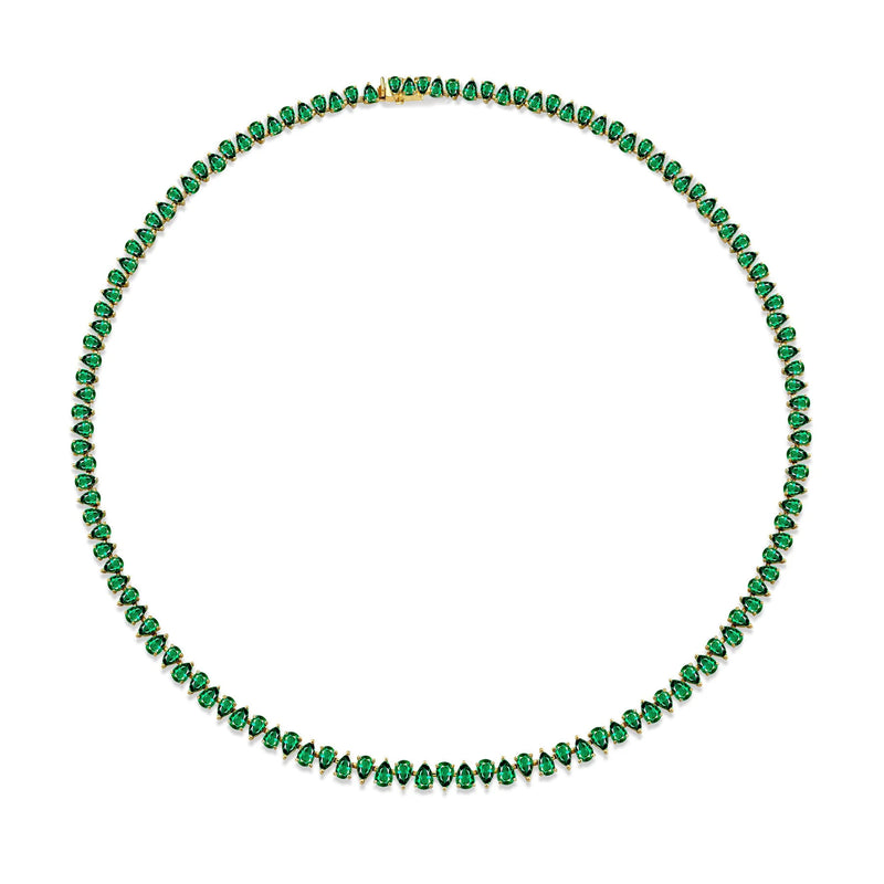 Reverse Water Drop Emerald Tennis Necklace Yellow Gold by Logan Hollowell Jewelry