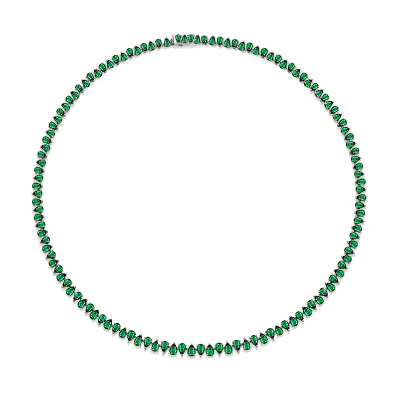 Reverse Water Drop Emerald Tennis Necklace White Gold by Logan Hollowell Jewelry