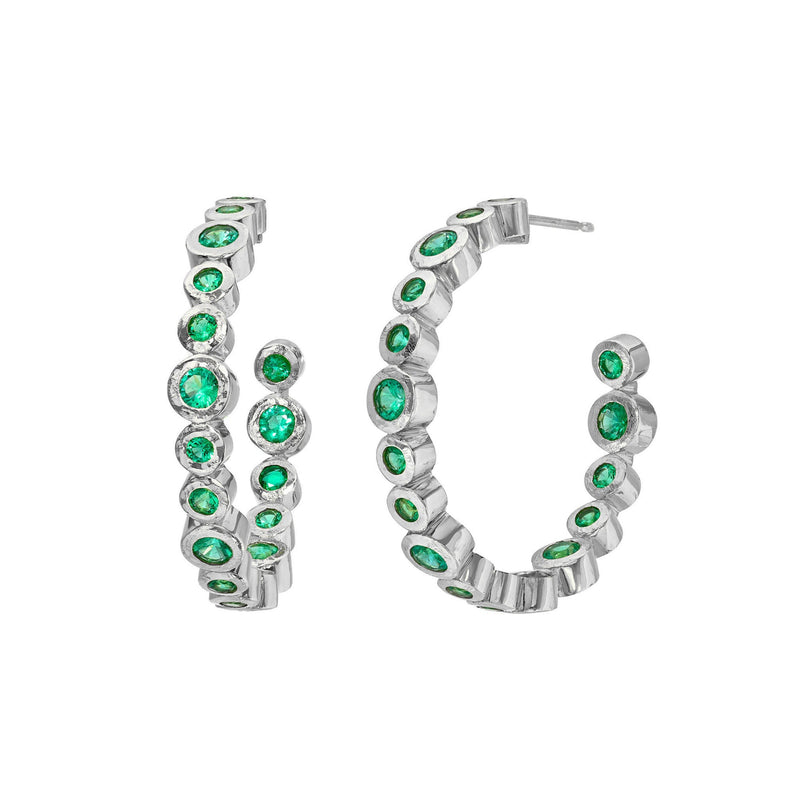 Emerald Bubble Hoops White Gold by Logan Hollowell Jewelry