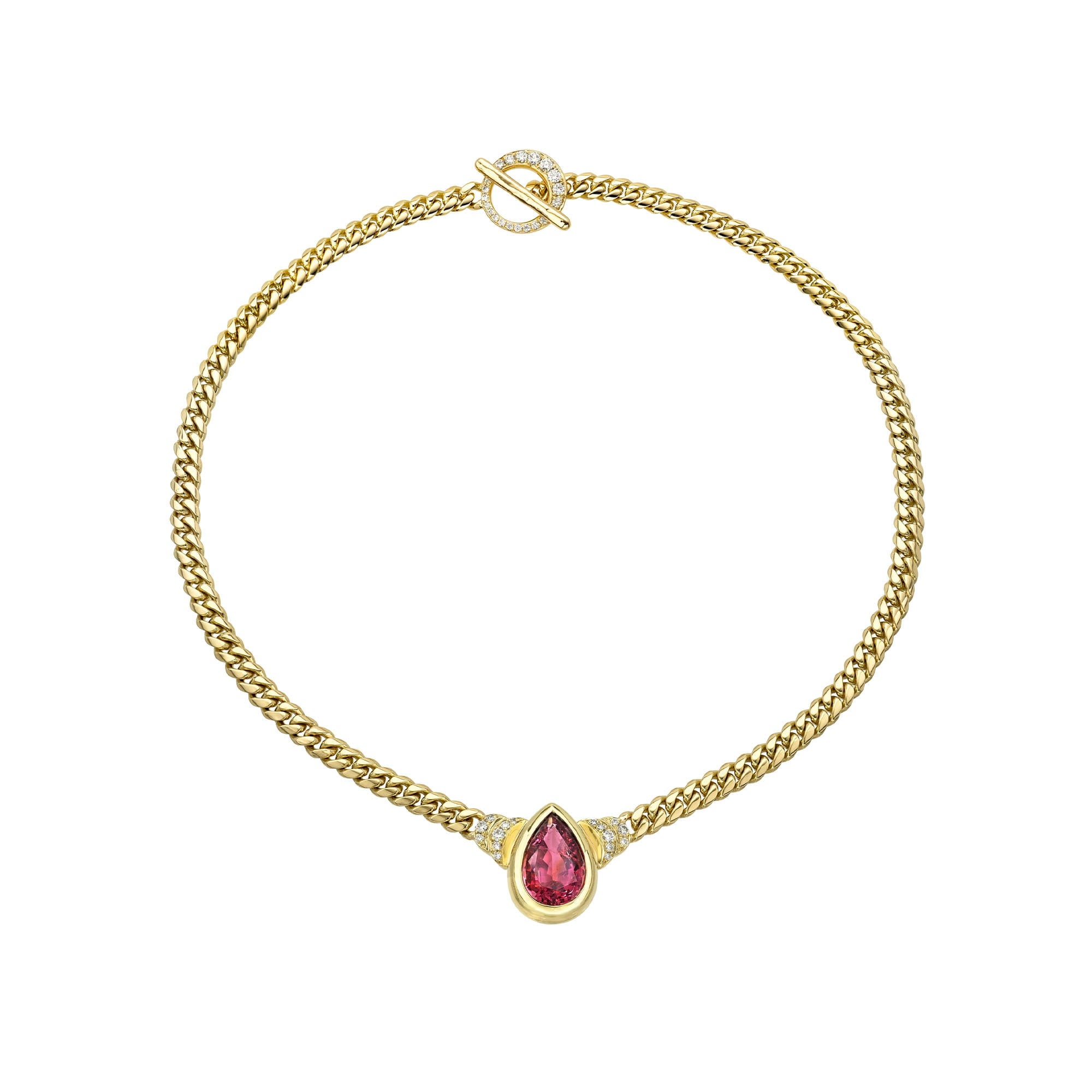 Pear Rubellite Maison Rose Necklace Yellow Gold by Logan Hollowell Jewelry