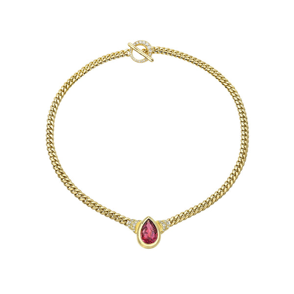 Pear Rubellite Maison Rose Necklace Yellow Gold by Logan Hollowell Jewelry