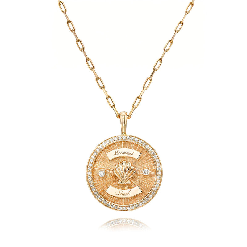 Mermaid Coin with Diamond Frame Necklace Rose Gold 16" by Logan Hollowell Jewelry