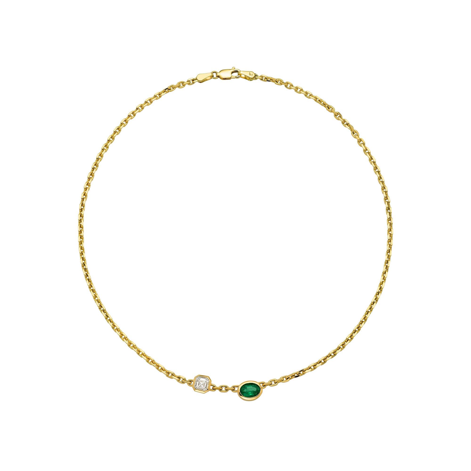 Petite Lovers Duet Diamond and Emerald Chain Necklace Yellow Gold by Logan Hollowell Jewelry