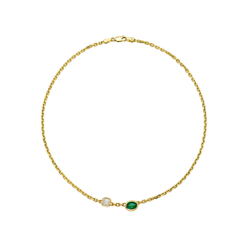 Petite Lovers Duet Diamond and Emerald Chain Necklace Yellow Gold by Logan Hollowell Jewelry