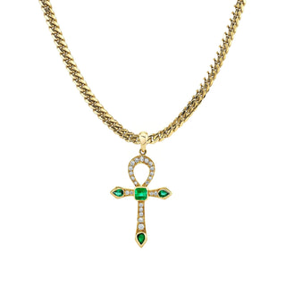 Eternal Ankh Pavé Diamond and Emerald Necklace | Ready to Ship Yellow Gold 20" Cuban by Logan Hollowell Jewelry