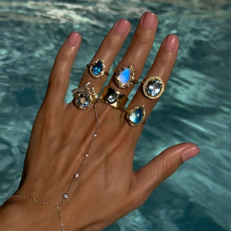 Baby Queen Water Drop Blue Topaz Ring with Full Pavé Halo | Ready to Ship by Logan Hollowell Jewelry
