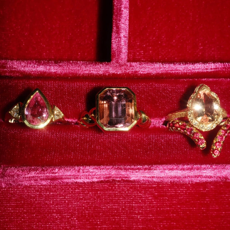 Baby Queen Water Drop Morganite Ring with Sprinkled Diamonds by Logan Hollowell Jewelry