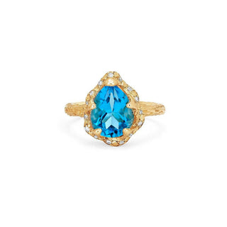 Baby Queen Water Drop Blue Topaz Ring with Sprinkled Diamonds Yellow Gold 3  by Logan Hollowell Jewelry