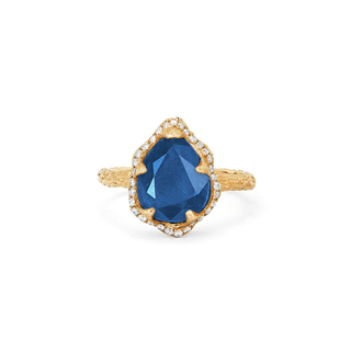 18k Premium Medium Queen Water Drop Sapphire Ring with Full Pavé Halo | Ready to Ship Yellow Gold 6  by Logan Hollowell Jewelry