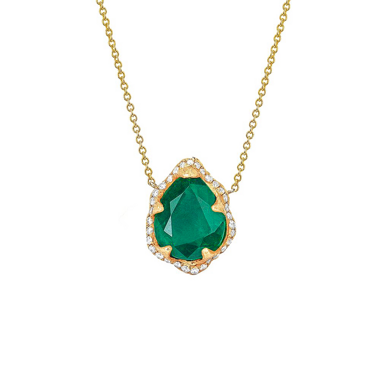 14K Petite Queen Water Drop Emerald Necklace with Full Pavé Diamond Halo Yellow Gold by Logan Hollowell Jewelry