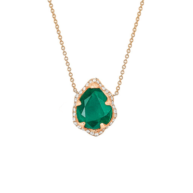 14K Petite Queen Water Drop Emerald Necklace with Full Pavé Diamond Halo by Logan Hollowell Jewelry