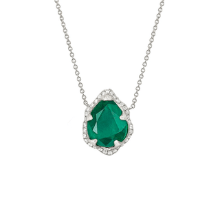 Baby Queen Water Drop Emerald Necklace with Full Pavé Diamond Halo White Gold   by Logan Hollowell Jewelry