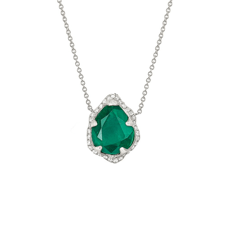 14K Petite Queen Water Drop Emerald Necklace with Full Pavé Diamond Halo by Logan Hollowell Jewelry