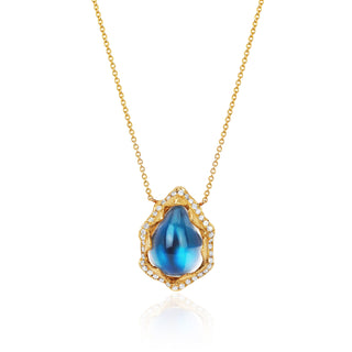 18k Queen Water Drop Blue Sheen Moonstone Necklace with Full Pavé Halo | Ready to Ship Yellow Gold 16-18" by Logan Hollowell Jewelry