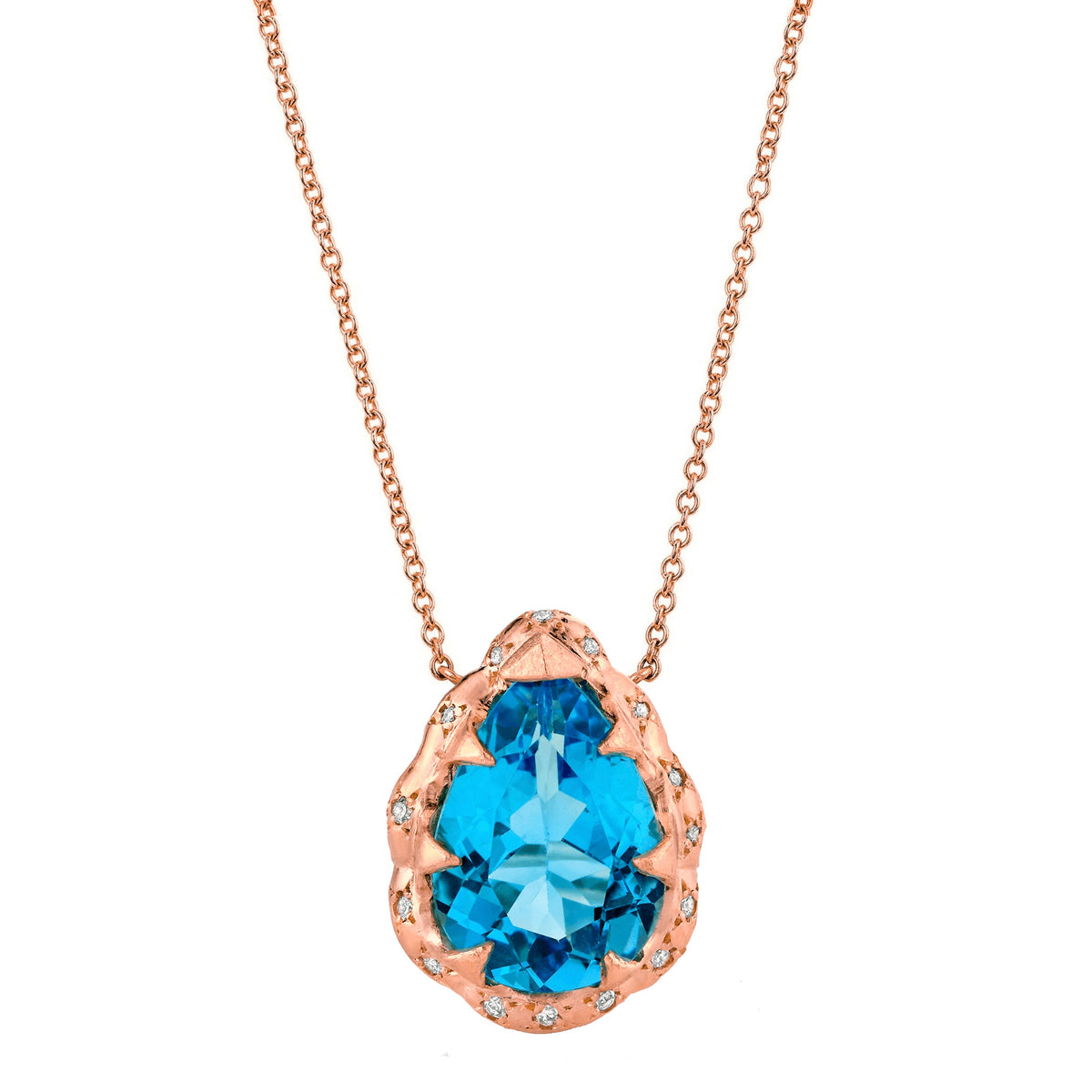 Queen Water Drop Blue Topaz Necklace with Sprinkled Diamonds Rose Gold   by Logan Hollowell Jewelry