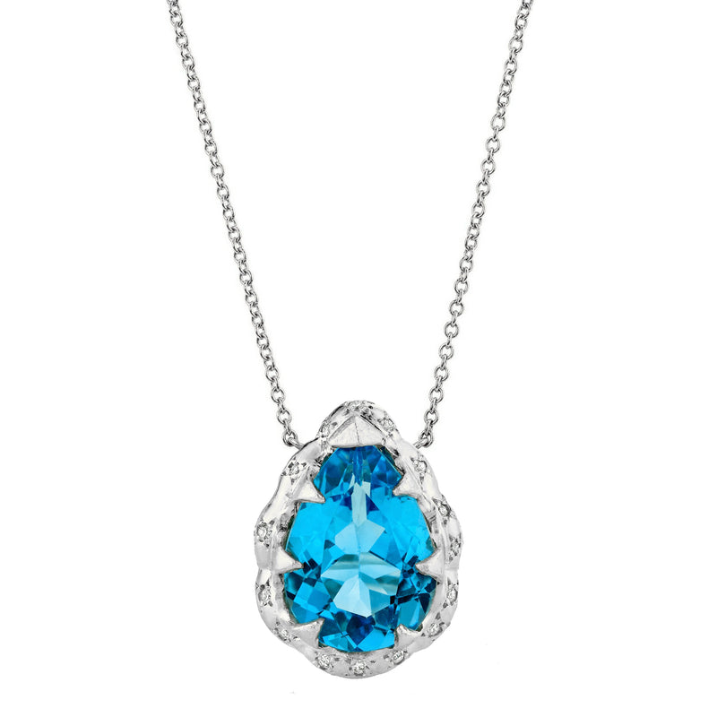Queen Water Drop Blue Topaz Necklace with Sprinkled Diamonds White Gold   by Logan Hollowell Jewelry