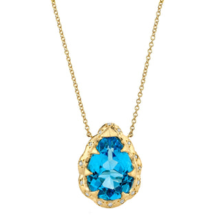 Queen Water Drop Blue Topaz Necklace with Sprinkled Diamonds Yellow Gold   by Logan Hollowell Jewelry