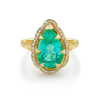 18k Classic Queen Water Drop Paraiba Ring with Full Pavé Diamond Halo | Ready to Ship Yellow Gold 6  by Logan Hollowell Jewelry