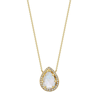 18k Classic Queen Moonstone Water Drop Necklace with Large Full Pave Halo | Ready to Ship Yellow Gold 16-18"  by Logan Hollowell Jewelry