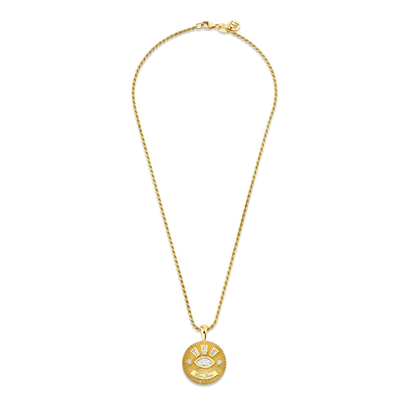 Medium Diamond Angel Eye Coin Necklace w/ Tapered Baguettes    by Logan Hollowell Jewelry