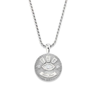 Medium Diamond Angel Eye Coin Necklace w/ Tapered Baguettes White Gold 16" Natural by Logan Hollowell Jewelry