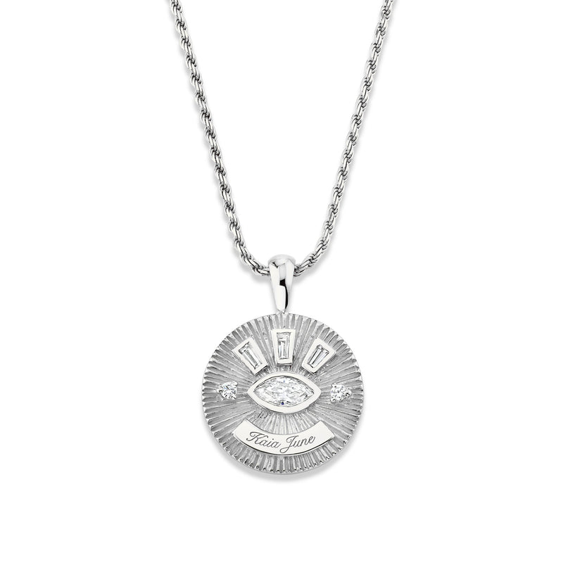 Medium Diamond Angel Eye Coin Necklace w/ Tapered Baguettes White Gold 16" by Logan Hollowell Jewelry