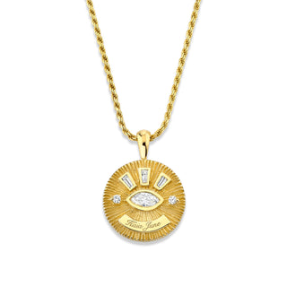 Medium Diamond Angel Eye Coin Necklace w/ Tapered Baguettes Yellow Gold 16" Natural by Logan Hollowell Jewelry