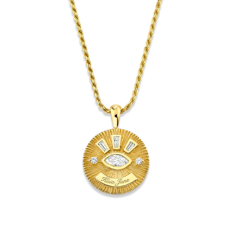 Medium Diamond Angel Eye Coin Necklace w/ Tapered Baguettes Yellow Gold 16" by Logan Hollowell Jewelry