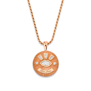 Medium Diamond Angel Eye Coin Necklace w/ Tapered Baguettes Rose Gold 16" Natural by Logan Hollowell Jewelry