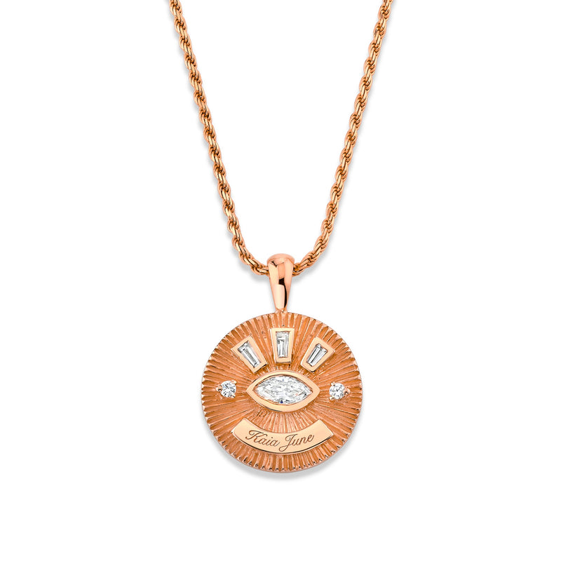 Medium Diamond Angel Eye Coin Necklace w/ Tapered Baguettes Rose Gold 16" by Logan Hollowell Jewelry