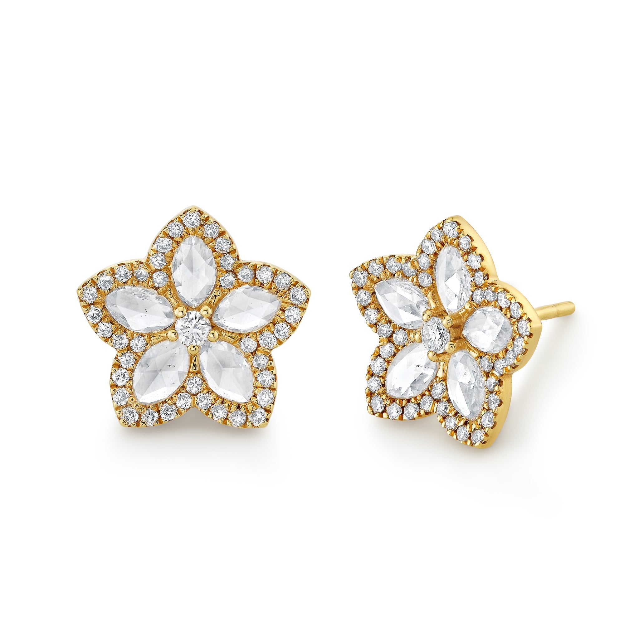 Eternal Jardin Rose Cut Marquise Diamond Flower Studs Yellow Gold Pair  by Logan Hollowell Jewelry