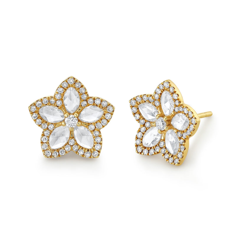 Eternal Jardin Rose Cut Marquise Diamond Flower Studs Yellow Gold Pair  by Logan Hollowell Jewelry