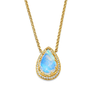 One of a Kind Queen Water Drop Rose Cut Moonstone Necklace w/ Graduated Pave Diamond Halo | Ready to Ship Yellow Gold 16-18"  by Logan Hollowell Jewelry
