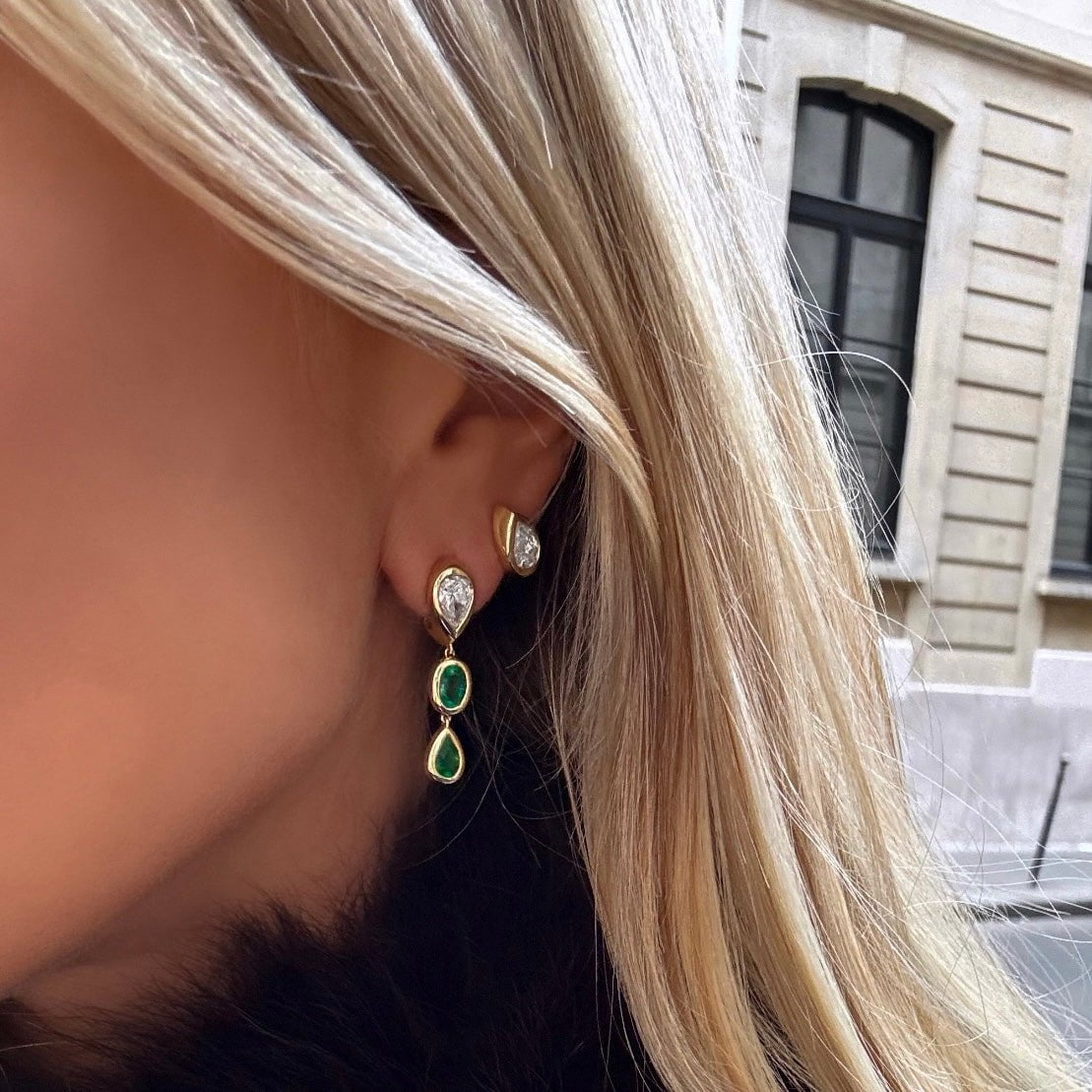Stuggie Drop Earrings with Emerald and Diamond | Ready to Ship (LAB) by Logan Hollowell Jewelry