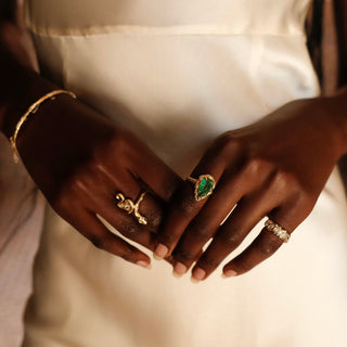 Queen Water Drop Zambian Emerald Ring with Sprinkled Diamonds by Logan Hollowell Jewelry