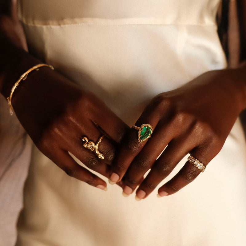 Queen Water Drop Zambian Emerald Ring with Sprinkled Diamonds by Logan Hollowell Jewelry