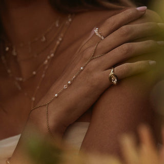 Eau de Rose Cut Iris Diamond and Pearl Hand Chain by Logan Hollowell Jewelry