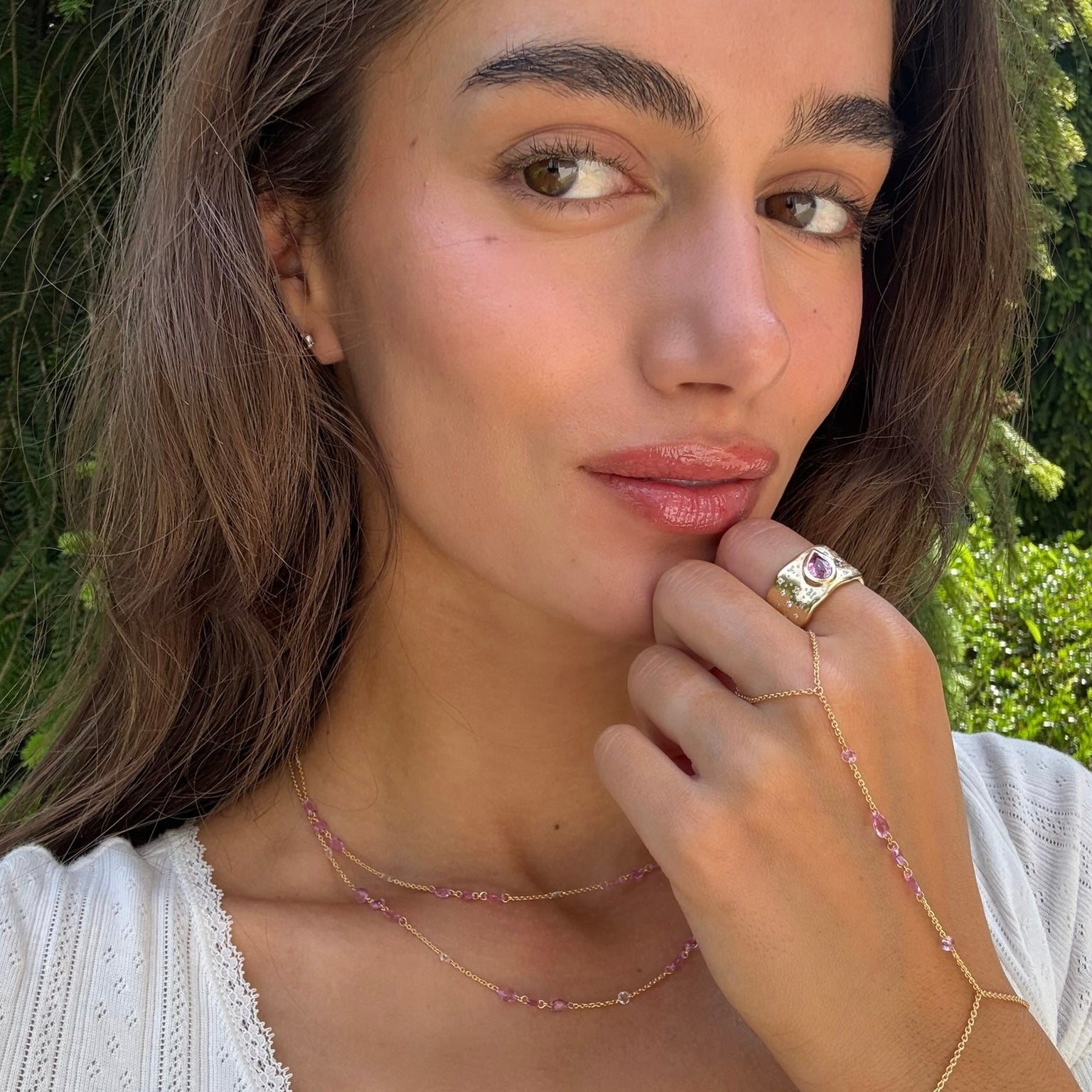 Eau De Rose Cut Iris Pink Sapphire Hand Chain by Logan Hollowell Jewelry