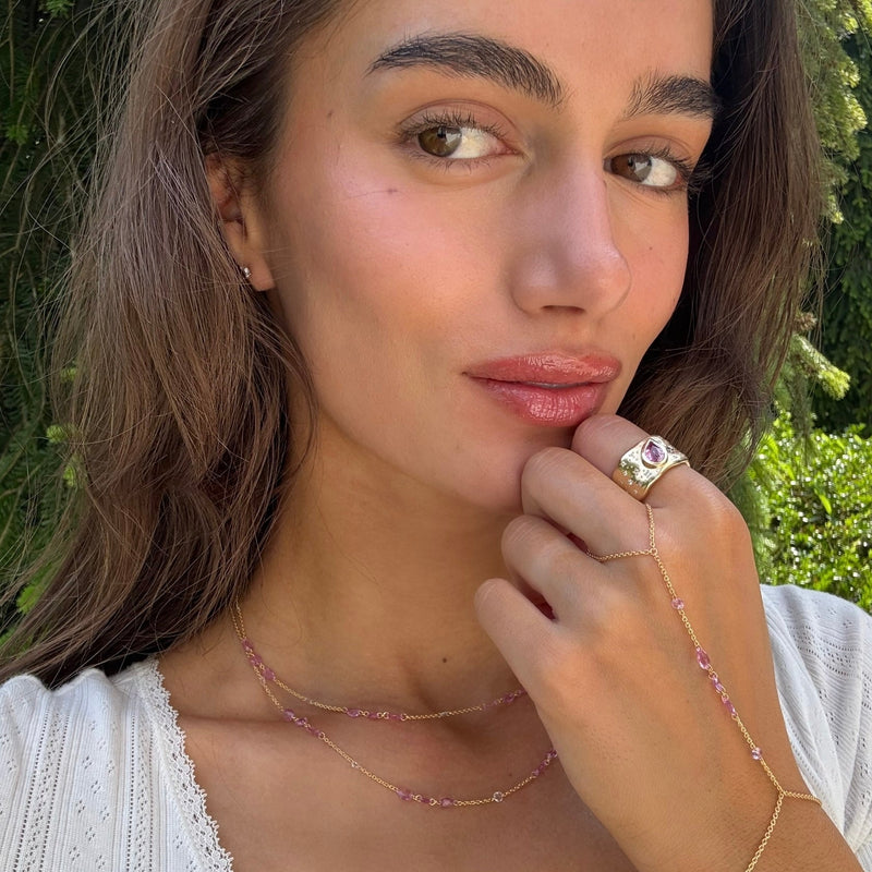 Eau De Rose Cut Iris Pink Sapphire Hand Chain by Logan Hollowell Jewelry