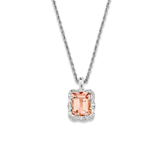 Queen Emerald Cut Morganite Pendant with Sprinkled Diamond Halo White Gold   by Logan Hollowell Jewelry