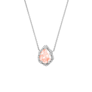 Mirco Queen Water Drop Morganite Necklace with Full Pavé Halo White Gold   by Logan Hollowell Jewelry