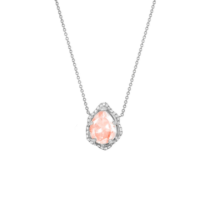 Micro Queen Water Drop Morganite Necklace with Full Pavé Halo White Gold by Logan Hollowell Jewelry